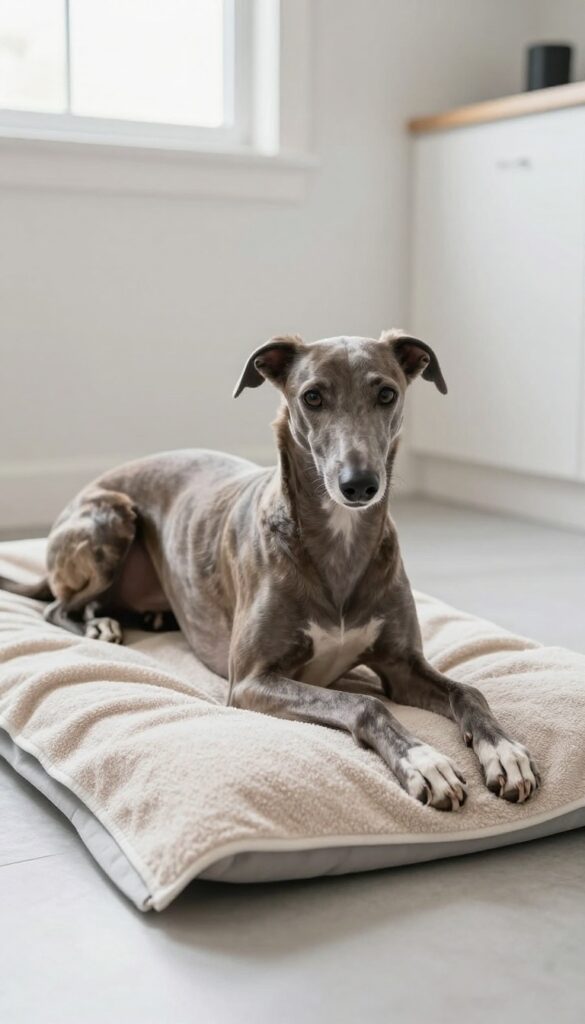 A Greyhound dog resting comfortably on a heated pad in a well-lit garage, showcasing a mobile dog grooming tip for cold weather comfort.