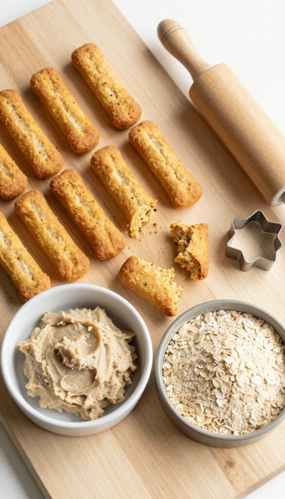 Homemade tuna crunch biscuits for dogs, showing golden-brown biscuits with a soft center, arranged on a plain wooden surface with baking tools, in bright natural light.