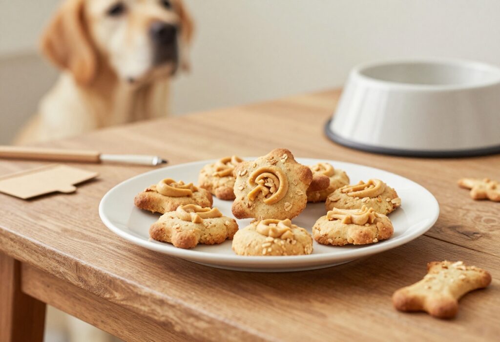An assortment of homemade baked dog treats on a plate, showcasing crunchy peanut butter oat biscuits for a dog recipe blog.