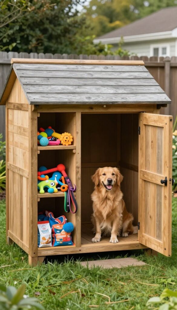 Multi-functional dog house with storage compartments holding toys and leashes in a sunny backyard