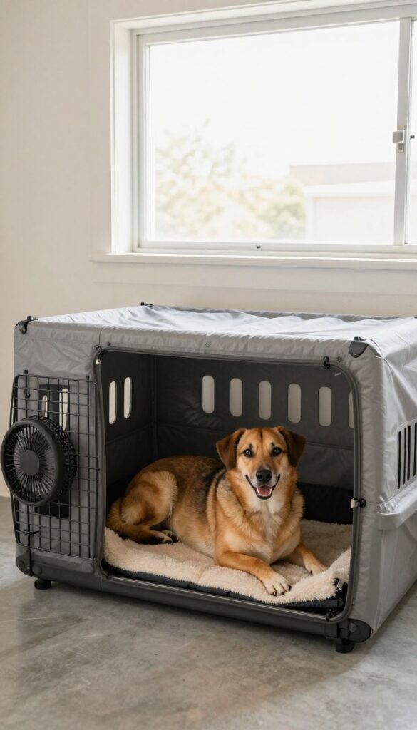 Insulated dog crate with ventilation in a garage, featuring a comfortable bed and clip-on fan