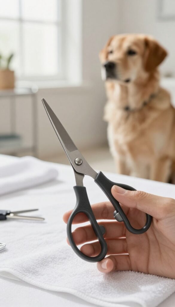 A groomer's hand holding ergonomic dog grooming scissors with padded handles on a towel, showcasing comfort and reduced strain for long grooming sessions.