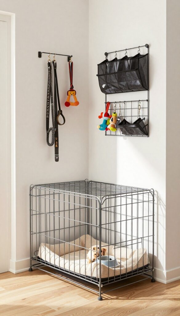 Under-stairs dog kennel with hanging organizer for storage