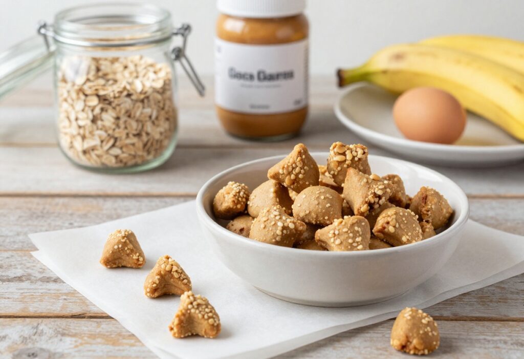 Homemade peanut butter oat crunch dog treats on a wooden table with natural ingredients like oats, peanut butter, banana, and egg, representing budget-friendly DIY dog treat recipes.