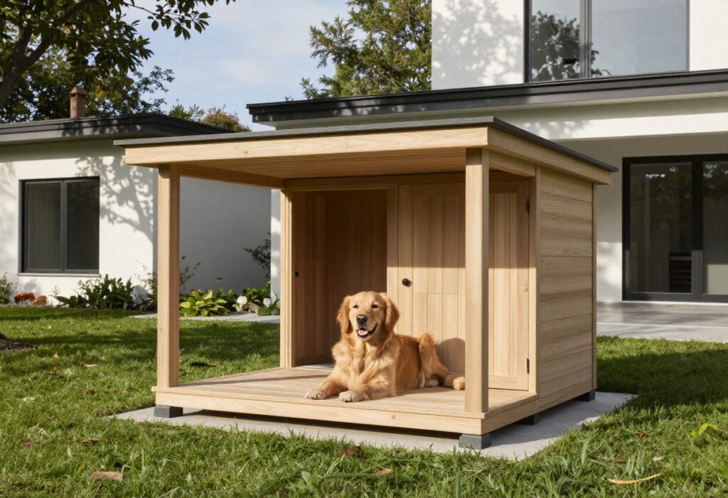 Modern wooden dog house with a golden retriever lounging on the porch in a sunny backyard