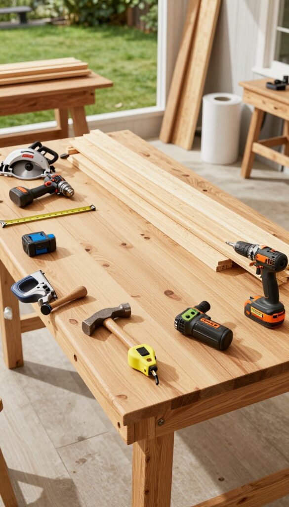 Tools and materials for building a dog house laid out on a workbench in natural light.