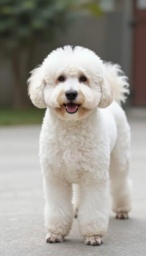 A Goldendoodle with a poodle face and feet haircut for cleanliness, showing short-trimmed areas around the mouth and paws in bright natural light.