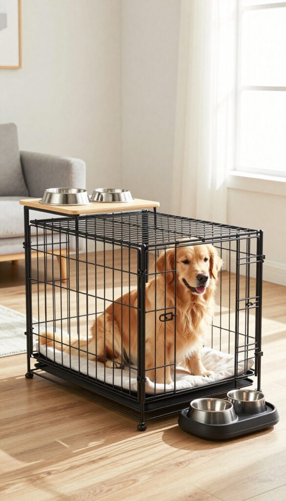 Dog crate with built-in feeding station in bright living room