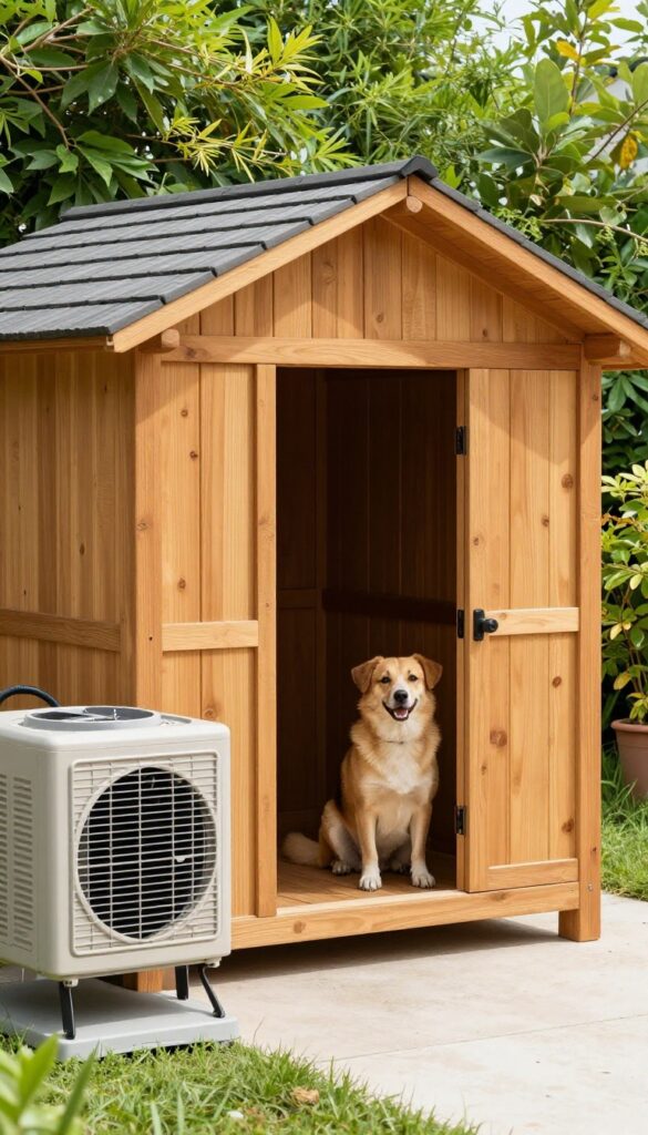 Portable AC unit cooling a standard wooden dog house in a sunny backyard