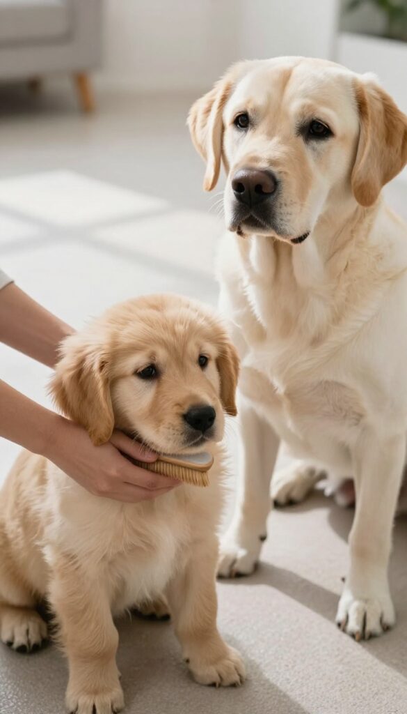 A gentle grooming scene with a puppy and senior dog side by side, illustrating tailored care for different life stages in a bright, natural setting.