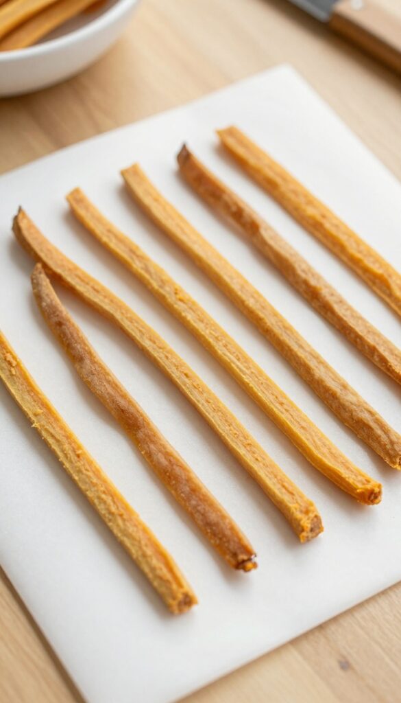 Close-up of homemade chewy sweet potato strips for dogs, arranged on a baking sheet, showcasing their texture and natural appearance in a clean, bright setting.