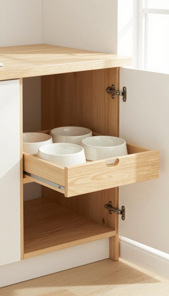 Modern dog feeding station with raised bowls and built-in storage in a bright kitchen