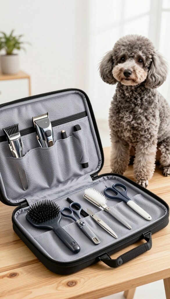 An organized grooming kit with clippers, scissors, and brushes in a compartmentalized bag on a wooden table, with a calm poodle nearby in natural light.