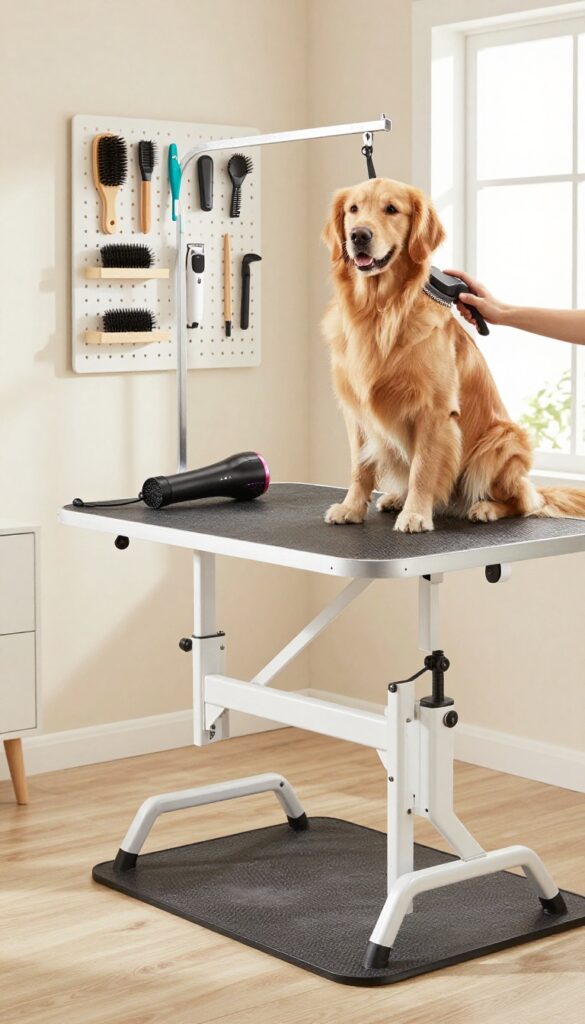 Dog grooming corner with grooming table, non-slip mat, pegboard with tools, and wall-mounted dryer, golden retriever being brushed.
