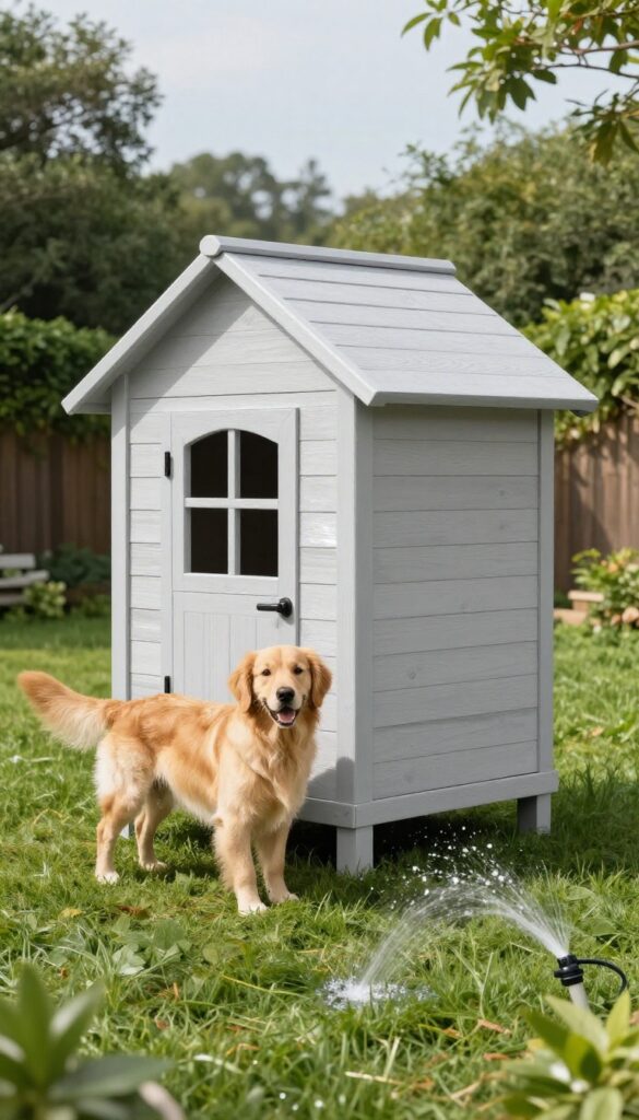 Marine-grade plywood dog house with fiberglass coating in a sunny backyard