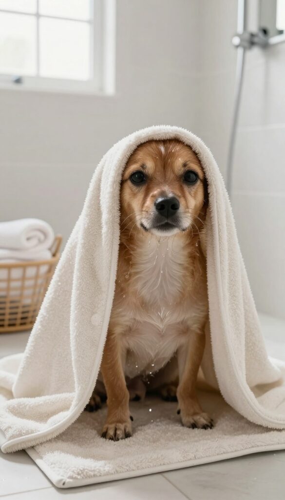 A small dog wrapped in a warm towel after bathing, showcasing a luxurious grooming upgrade in a bright, clean setting.