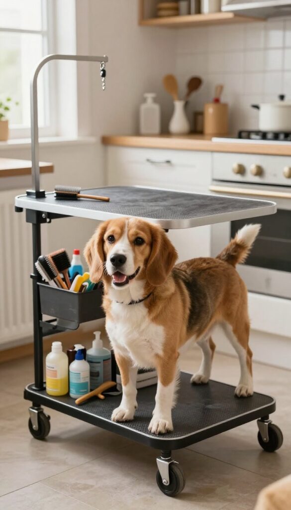 A small to medium-sized dog standing on a rolling cart used as a mobile grooming table in a bright room, showcasing organization and flexibility for DIY home grooming.