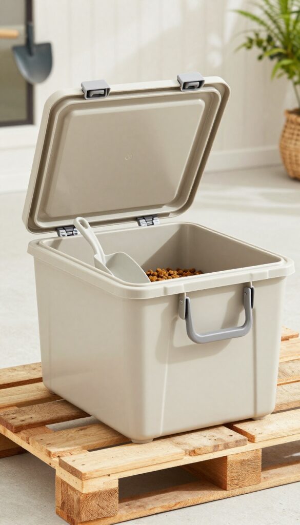 A weather-resistant outdoor storage box for dog food on a raised pallet in a covered patio, showcasing stylish and practical bulk food storage for dogs.