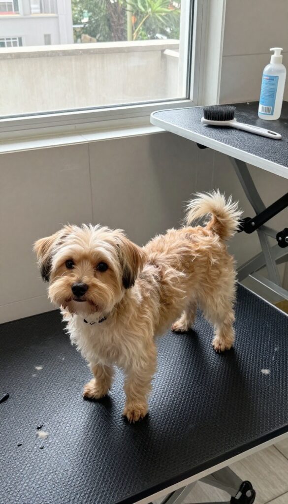 A small dog in a grooming room with easy-clean vinyl flooring and laminate countertops, showcasing practical surfaces for low-maintenance pet care in bright natural light.