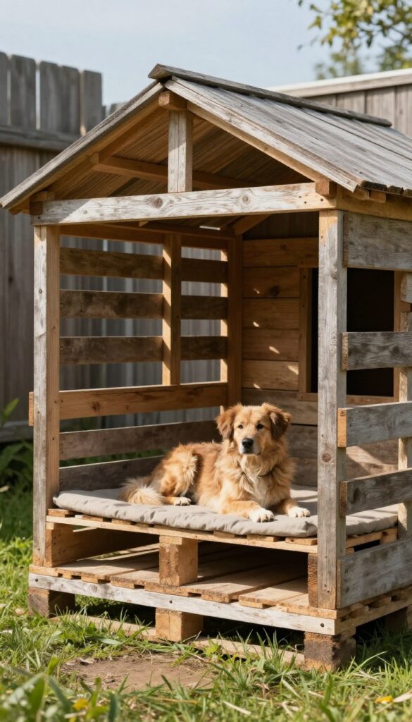 Rustic pallet dog house with porch and awning, dog lounging on cushion