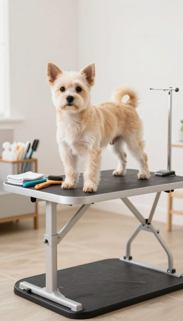 A dog standing on a foldable grooming table in a bright room, showcasing a temporary setup for easy home grooming.
