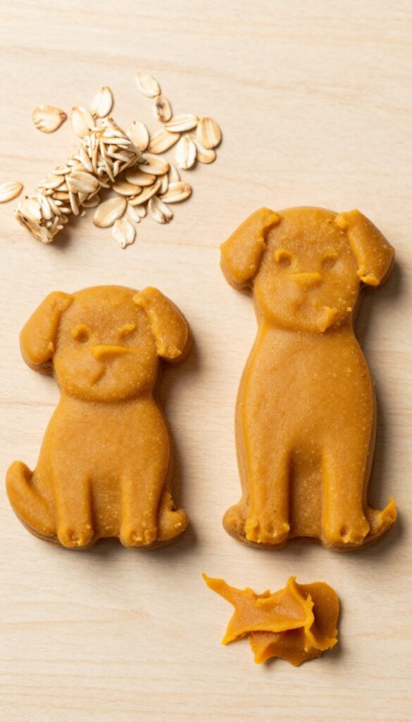 Two pumpkin oat dog pupcakes with pumpkin and oat topping on a wooden surface.