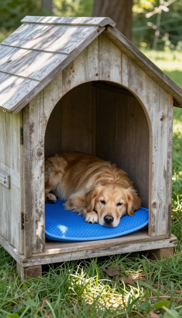Golden Retriever resting on a cooling gel mat inside an insulated wooden dog house outdoors