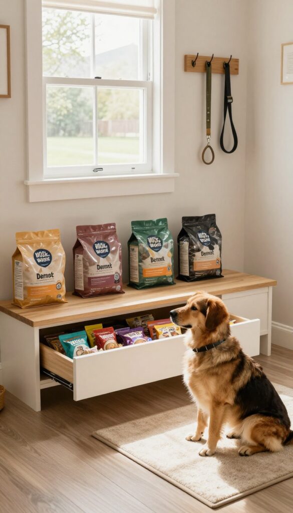 A built-in bench with hidden storage compartment for dog food in a bright mudroom, featuring an open drawer with supplies and a dog waiting nearby.
