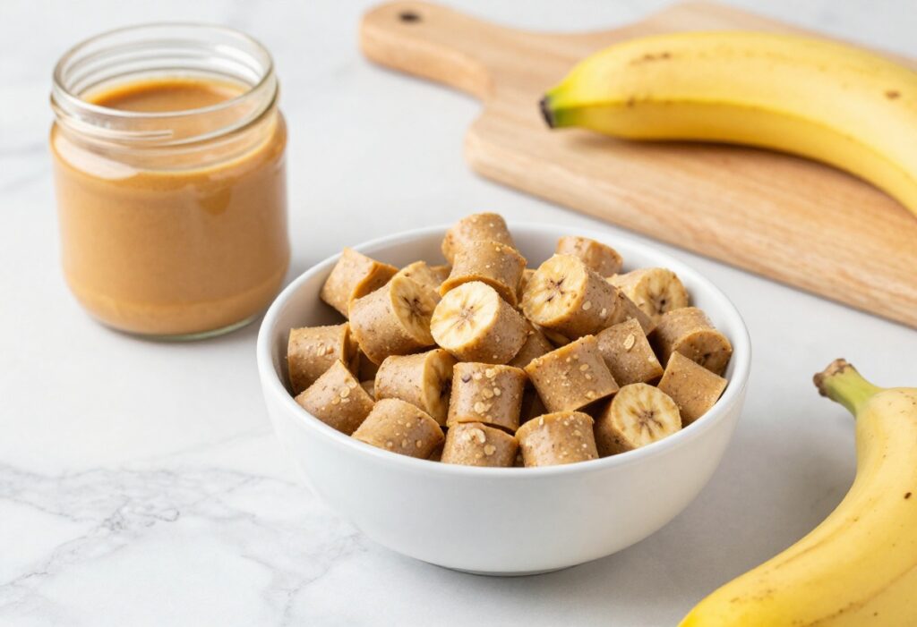 A bowl of frozen peanut butter banana dog treats with natural ingredients on a wooden cutting board in a bright kitchen, representing homemade freezer-friendly dog treats for a blog.