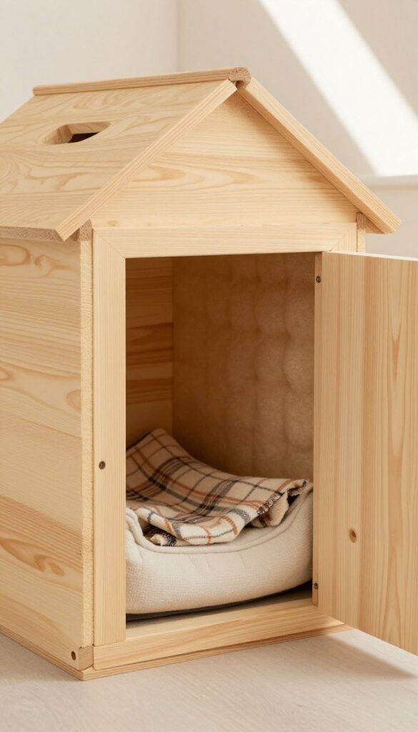 Insulated dog house interior with foam board and plywood walls, vent, and cozy dog bed.