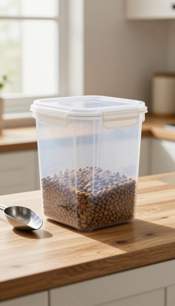 Budget-friendly airtight dog food container on a kitchen countertop filled with kibble, with a metal scoop beside it, in bright natural light.
