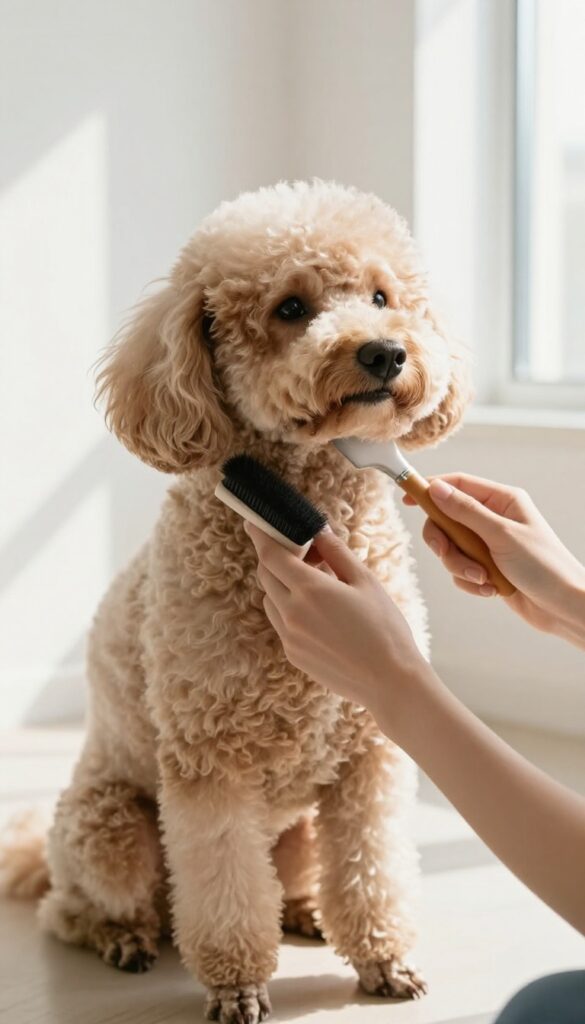A person holding a poodle gently under its chest to keep it still during face grooming, with the dog appearing calm and secure in bright natural light.