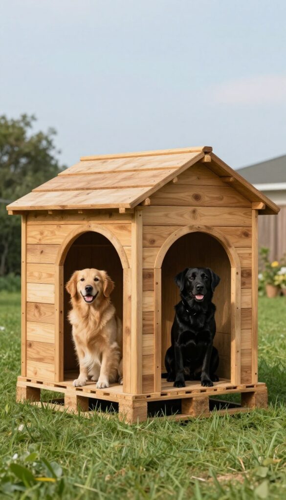 Rustic DIY pallet double dog house with two separate entrances in a sunny backyard