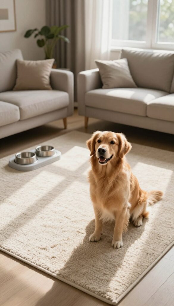 Washable rug zone under dog bed and feeding area with golden retriever in bright living room