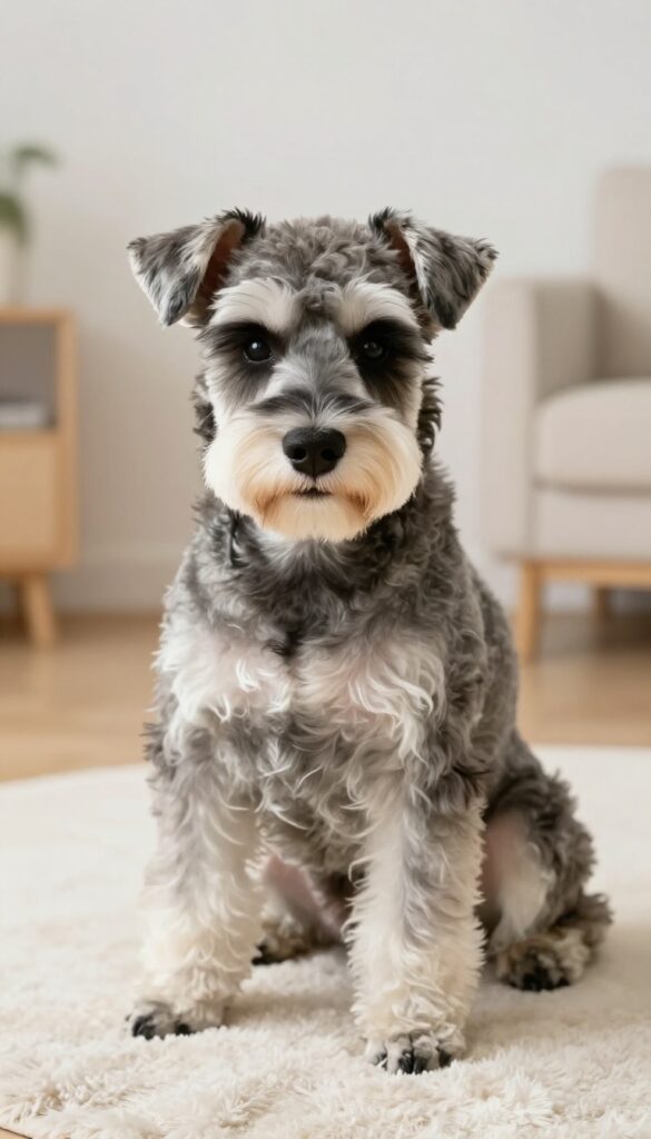 An older Schnauzer with a comfortable and easy-care haircut in a peaceful home environment.