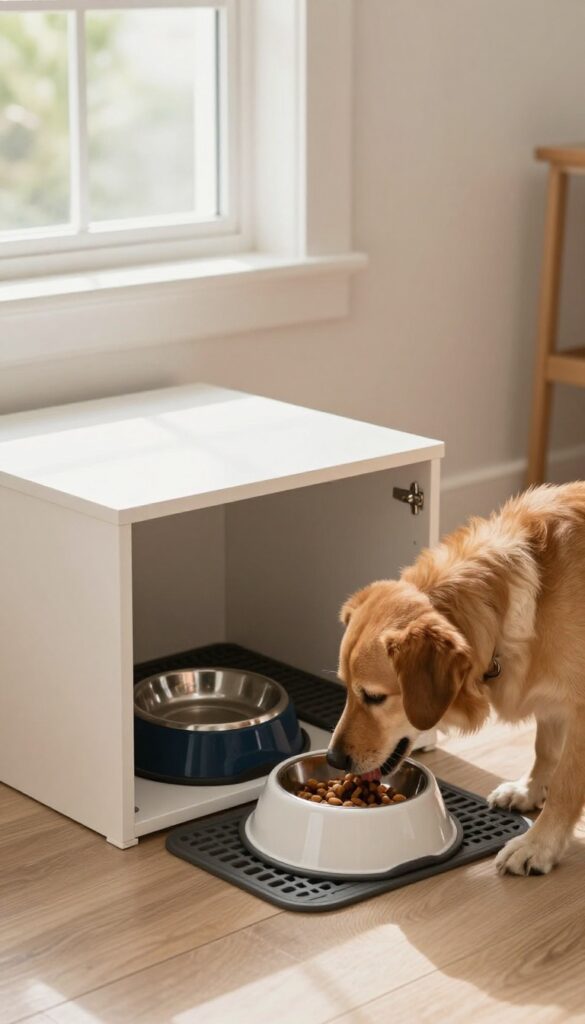 A hidden under-stair dog food storage cabinet with integrated bowls, showcasing a neat and discreet feeding station in a home setting.