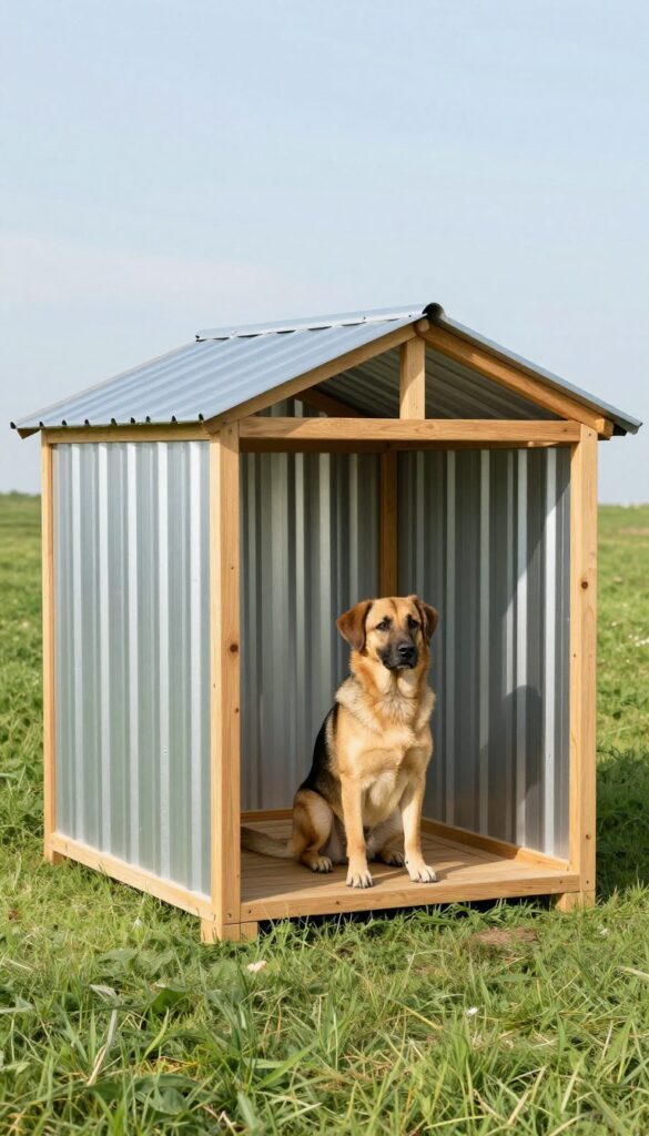 Corrugated metal dog house with wood frame in backyard with dog sitting in front