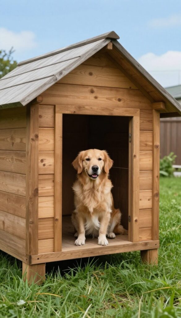 Elevated wooden dog house with ventilated slatted floor in sunny backyard