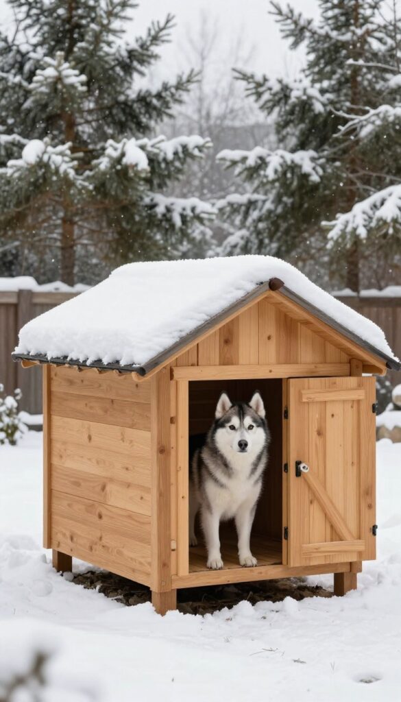 Insulated dog house in snowy backyard with dog peeking out