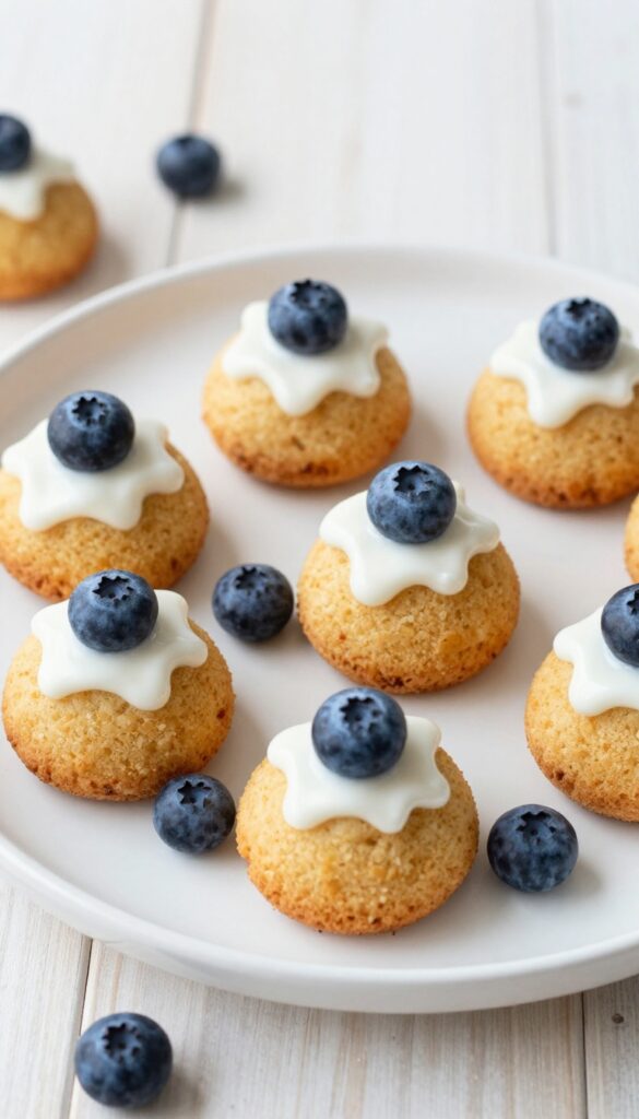 Blueberry honey pupcakes for dogs topped with yogurt drizzle and blueberry on a white plate.