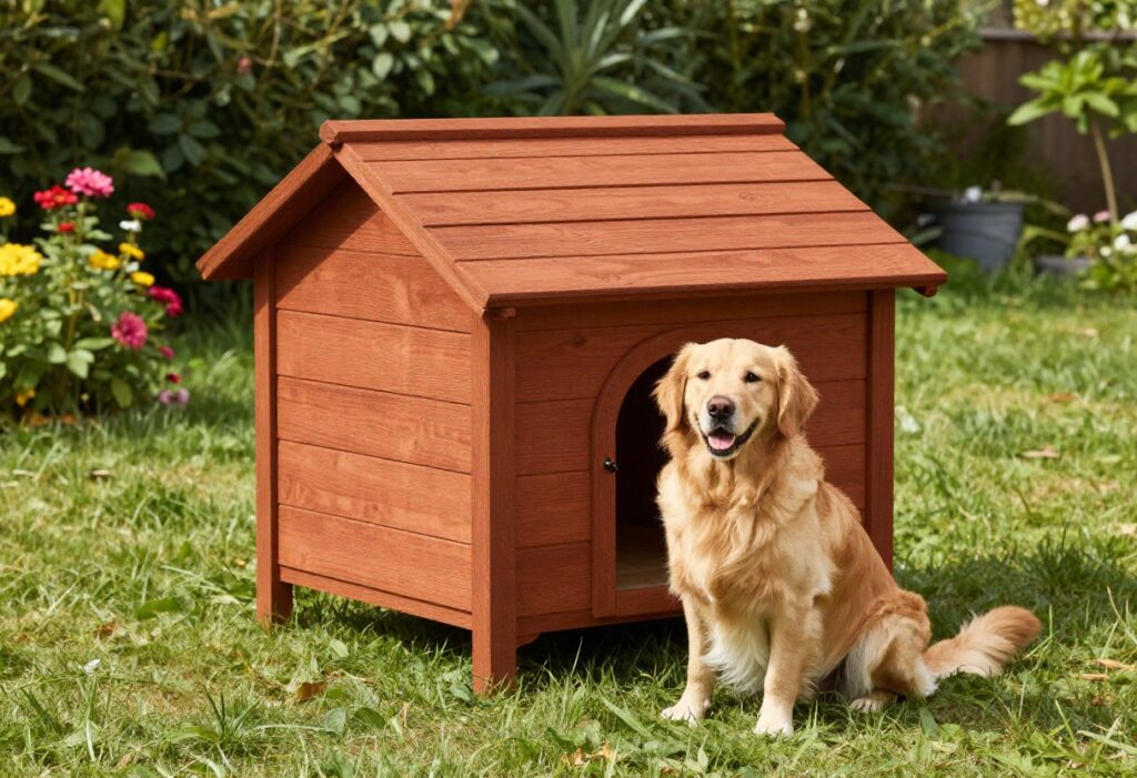 A wooden dog house in a sunny backyard with a happy dog sitting in front of it.
