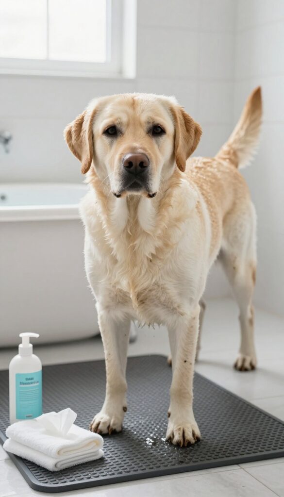 A muddy Labrador Retriever in a bright bathroom with portable grooming supplies for emergency cleaning.