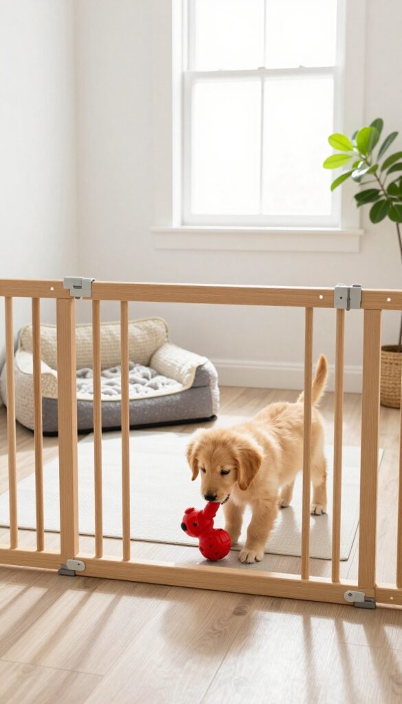 Bright flex room with wooden dog gate creating a play zone for a golden retriever puppy on vinyl flooring