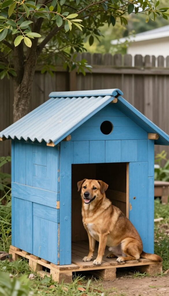 Rustic blue pallet dog house on grass with a dog sitting beside it