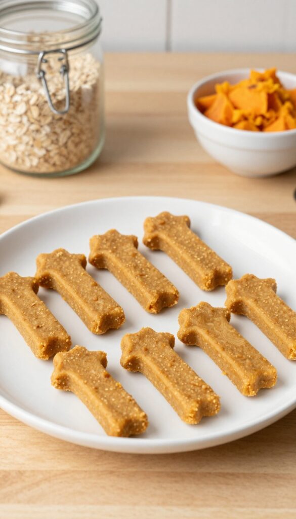 Homemade soft sweet potato and peanut butter dog treats on a plain plate, with oat flour and sweet potato in the background, showcasing a healthy, tender snack for dogs with sensitive teeth.