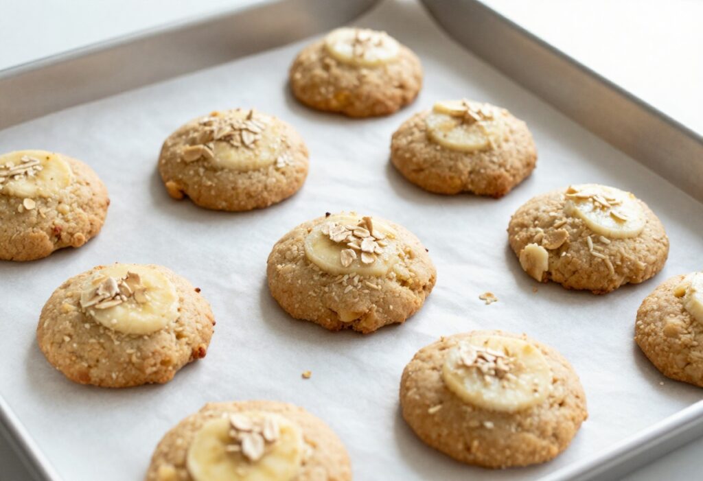 Homemade oatmeal banana dog cookies, a dog-safe treat recipe, displayed on a baking sheet in natural light.