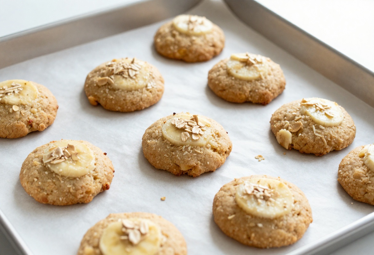 Homemade oatmeal banana dog cookies, a dog-safe treat recipe, displayed on a baking sheet in natural light.