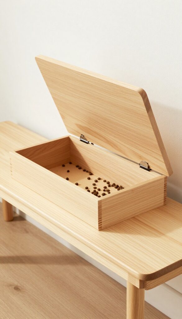 A wooden bench with storage for dog food in a bright entryway, showing the hinged lid open to reveal kibble inside.