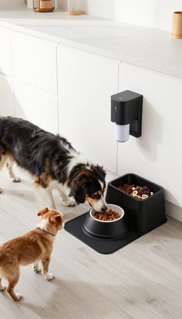 A black modular dog feeding station with elevated bowls and accessories in a bright modern kitchen, featuring two dogs of different sizes to demonstrate flexibility and a sleek, practical setup.