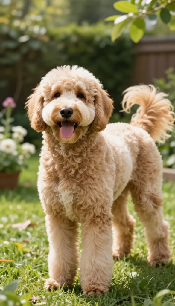 A Goldendoodle with a Lamb Cut haircut in a sunny garden, showcasing short body fur and longer fluffy legs to stay cool in summer heat.
